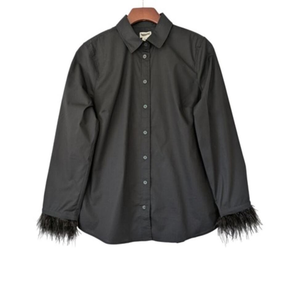 NWT J Crew Size XXL Black Cotton Feather Trimmed Button Down Shirt Office Work